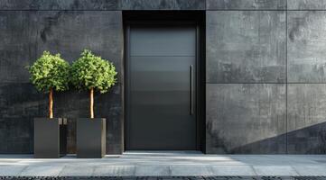 negro frente puerta con plantas, fachada de un moderno edificio con moderno puerta. foto