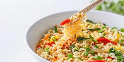 Cooked instant noodles sprinkled with spices, vegetables, herbs. photo