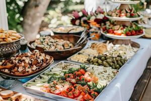 abastecimiento buffet comida interior en lujo restaurante con carne vistoso frutas y vegetales. foto