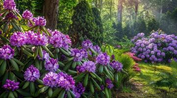 hermosa jardín con Violeta rododendros. foto