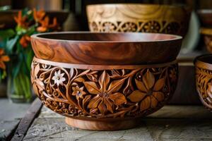 Handcrafted wooden bowls on a table photo