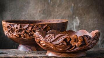 Handcrafted wooden bowls on a table photo