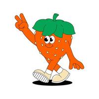 Fruit summer character Strawberry. Retro groovy patch. Trendy sticker with funky comic mascot. illustration 60s, 70s style. vector