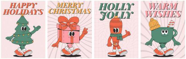 Merry Christmas and Happy New year poster set. Playful and cheeky characters in trendy groovy style. Retro cartoon elements and shapes. illustration vector