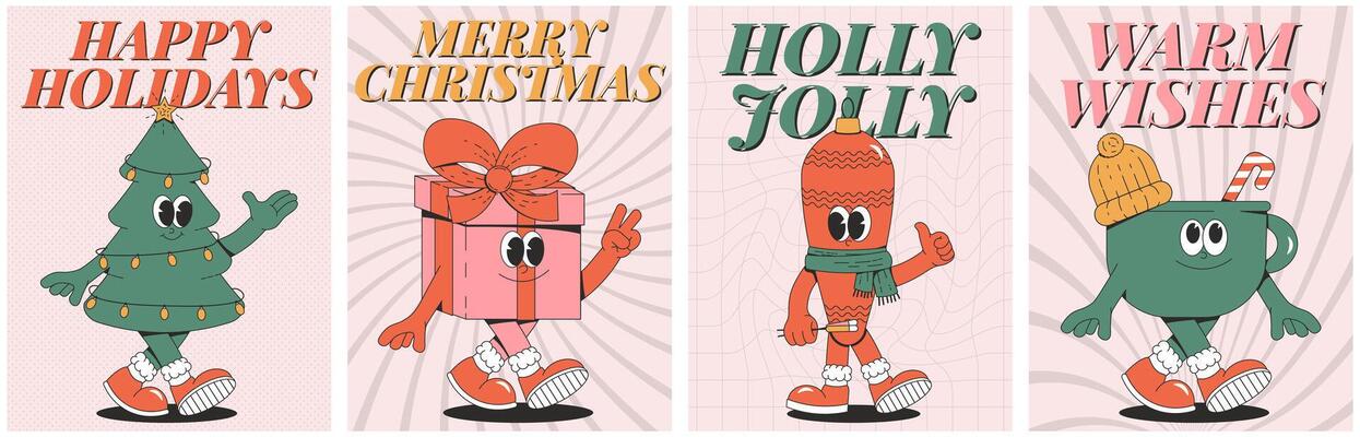 Merry Christmas and Happy New year poster set. Playful and cheeky characters in trendy groovy style. Retro cartoon elements and shapes. illustration