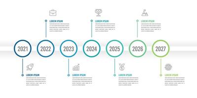 Minimal 7 Steps Infographic Timeline Template Presentation with Circular Elements, Icons and Text Boxes. vector