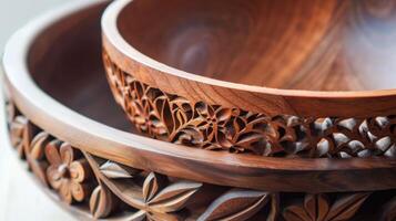 Handcrafted wooden bowls on a table photo