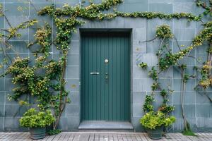 Green front door with plants, facade of a modern building with modern door. photo