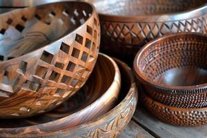 Handcrafted wooden bowls on a table photo