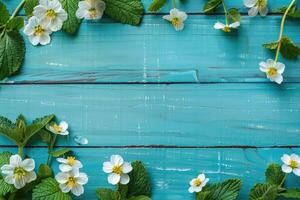 primavera floral antecedentes. verde marco de blanco bosque flores foto