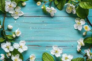 Spring floral background. Green frame of white forest flowers. photo