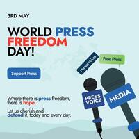 World press freedom day. 3rd May is a Media Day awareness social media post with hands holding press microphone, earth globe world map and speech bubbles. Press Freedom awareness post vector