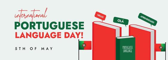 International Portuguese Language Day. 5th May Portuguese Language Celebration Day with Books in red and green colours and Portuguese Flags and speech bubbles. Portugal language cover banner vector