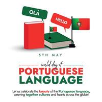 5to mayo mundo día de portugués idioma. portugués idioma día social medios de comunicación conciencia bandera con ola y Hola habla burbujas muñeca manos levantamiento en portugués bandera color. rojo, verde elementos. vector