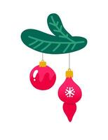 Christmas decorations on a fir branch. Illustration isolated on white background. vector