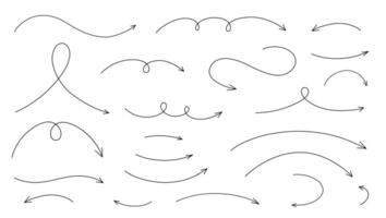 WebHand drawn thin line arrows set. Curvy and wavy arrows isolated on white background. vector