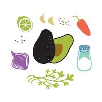 Fresh raw ingredients for guacamole. Round illustration isolated on white background. vector