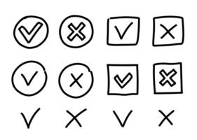 Hand drawn check and cross marks set. Black design elements isolated on white background. Yes and No button drafts. vector