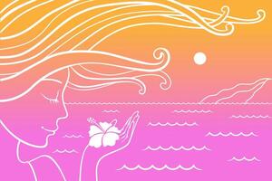 Tropical sunset with girl smelling hibiscus flower near the sea. Minimalistic style. vector
