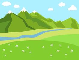 Green sunny landscape with mountains, river and valley or medow. Cartoon flat illustration. vector