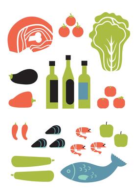 Fruit, vegetables, dressings, seafood, meat flat illustration isolated on a white background.