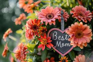 Mothers Day heart-shaped greeting with an arrangement of beautiful flower. photo