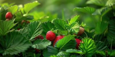 Close-up of strawberries growing on field photo