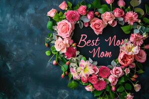 Mothers Day heart-shaped greeting with an arrangement of beautiful flower. photo