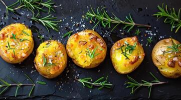 Crushed, smashed potatoes baked with rosemary and thyme. Black background. Top view. photo