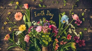 Beautiful colorful flowers bouquet over rustic wood background. photo