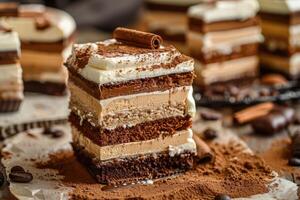 Cakes stacked with layers of coffee and cream in the center of each cake. There is cinnamon powder on top. photo