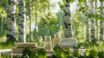 Set of skincare beauty cosmetic products stand on podium birch forest. photo