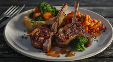 Roasted lamb chops with a side of mashed sweet potato and steamed vegetables. The steamed vegetables are a mix of broccoli and carrots. photo