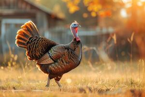 Wild turkey walks a rustic farmyard. photo