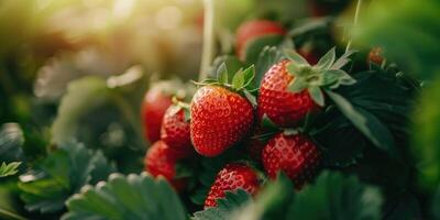 Close-up of strawberries growing on field photo