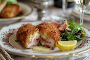 Breaded cutlet stuffed with ham and cheese, sliced in half to reveal the melty interior, on a fine porcelain plate. photo