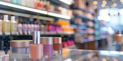 Cosmetics products on table inside shop. photo
