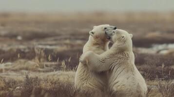 Two polar bears they are resting in the tundra. photo