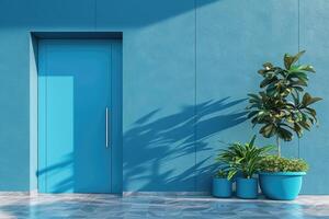 azul frente puerta con plantas, fachada de un moderno edificio con moderno puerta. foto