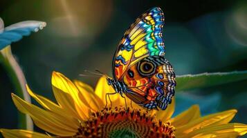 A vibrant butterfly delicately perched on the petals of a blooming sunflower. photo