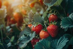 Close-up of strawberries growing on field photo