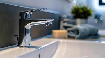 A close-up of a modern sensor tap in a high-quality bathroom setting, showcasing the sleek design and innovation of water conservation. photo