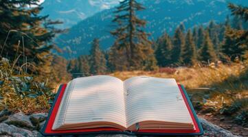 Serene mountain landscape reading spot. photo