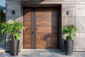 marrón frente puerta con plantas, fachada de un moderno edificio con moderno puerta. foto