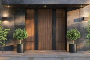 marrón frente puerta con plantas, fachada de un moderno edificio con moderno puerta. foto