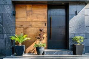 Black front door with plants, facade of a modern building with modern door. photo