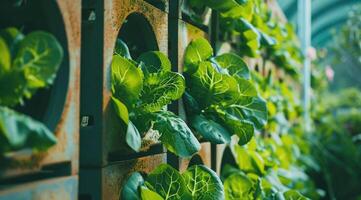 Fresh organic leafy greens growing in agricultural greenhouse. photo