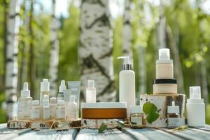 Set of skincare beauty cosmetic products stand on podium birch forest. photo