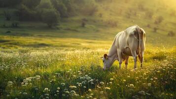 One cow graze green grass. photo