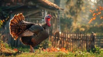 Wild turkey walks a rustic farmyard. photo